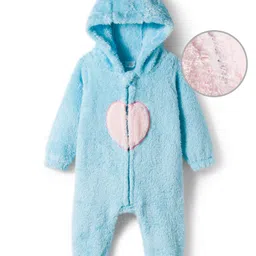 Mark & Mia Knit Full Sleeves Fur Fabric Winter Wear Hooded Romper With Heart Embroidery - Light Blue-picture-13