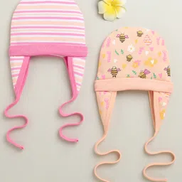 BUMZEE Cotton Knit Caps With Floral Print Pack Of 2 Peach & Pink - Diameter 18 cm-image-16