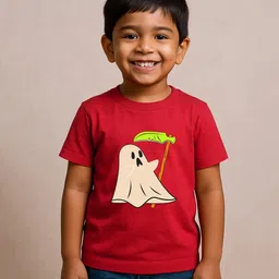 BLUSHES 100% Cotton Knit Halloween Theme Half Sleeves Cute Ghost Printed Tee - Red-picture-12