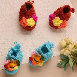 MayRa Knits Hand Knitted Woven Pack Of 2 Floral Applique Detailed Booties -Red & Blue-image-43