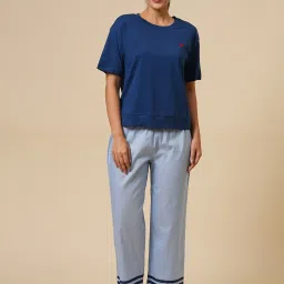 Chemistry Blue Cotton Solid Night Suit image 1