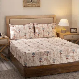 Maspar Hues Nouveau Tradition Water Lily Red Cotton 300 TC Double Bedsheet & 2 Pillow Covers image 1