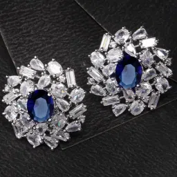 Karatcart Silver-Plated Blue Oval Cubic Zirconia Floral Stud Earrings for Women-image-99
