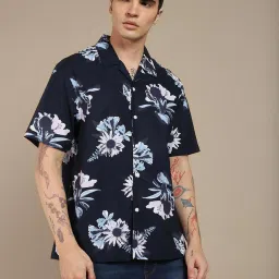 Dennis Lingo Navy Cotton Slim Fit Floral Print Shirt image 1