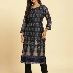 W Navy Printed Straight Kurta image 1