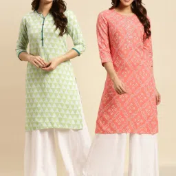 Rangita Lime Green & Peach Printed Straight Kurta - Pack OF 2 image 1