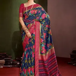 Saree Mall Navy Floral Print Saree With Unstitched Blouse image 1