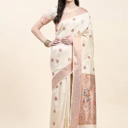 JUST FASHION Off-White Silk Woven Saree With Unstitched Blouse-picture-15