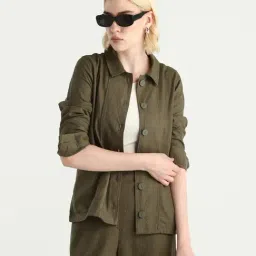 RAREISM Olive Linen Regular Fit Jacket-image-96