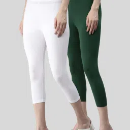 Kryptic White & Green Cotton Soild Crop Length Leggings - Pack Of 2 image 1