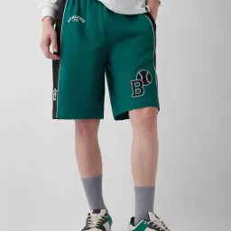 Bewakoof Men's Green & Black Athletic Color Block Oversized Varsity Short image 1