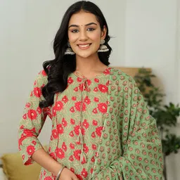 Yufta Women Floral Embroidered Regular Patchwork Pure Cotton Kurta with Trousers & With Dupatta image 5