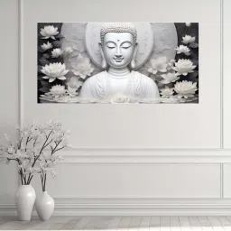 Nestroots White & Grey Buddha Surrounded By White Flowers Wall Painting - Black Floating Frame image 1