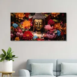 Nestroots White & Grey Buddha Surrounded By White Flowers Wall Painting - Gold Floating Frame image 1