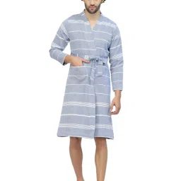 Klotthe Stripes Blue & White 210 GSM Cotton Bath Robe with Belt image 1