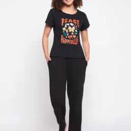 Clovia Black Cotton Printed T-Shirt With Pyjamas image 1