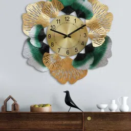 CHRONIKLE Green And Golden Iron Beautiful Flower Style Round Analog Wall Clock image 1