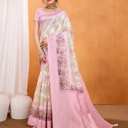 TASRIKA Floral Printed & Woven Design Zari Pure Cotton Banarasi Saree-image-66