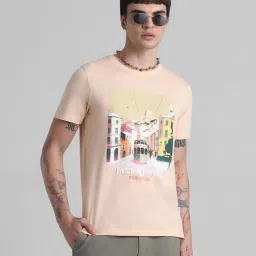Jack & Jones Peach Parfait Cotton Slim Fit Printed T-Shirt image 1