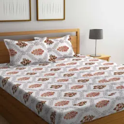 Klotthe Printed White & Brown 300 TC Cotton Blend King Bed Sheet with 2 Pillow Covers-picture-11