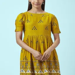 People by Pantaloons Mustard Printed A-Line Dress image 1