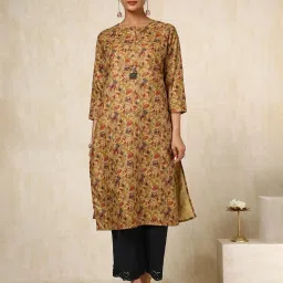 Soch Mustard Poly Linen Floral Kurta image 1
