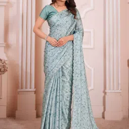 Saree Mall Blue Silk Printed Saree With Unstitched Blouse image 1