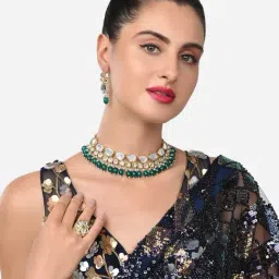 Zaveri Pearls Green Beads Statement Kundan Choker Necklace Earring & Ring Set-ZPFK14814-picture-39