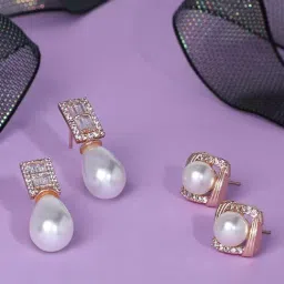 Zaveri Pearls Set of 2 Rose Gold Contemporary Cubic Zirconia Brass Stud Earrings-ZPFK11120-picture-14