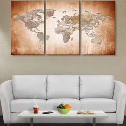 999Store Set of 3 Brown & Bronze-Toned World Map Canvas Wall Art-image-45