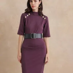 RAREISM Purple Cotton Blend Solid Short Sleeves Dress-picture-27