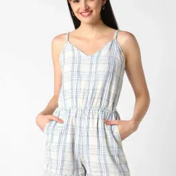 VASTRADO Blue Chequered Playsuits-image-13
