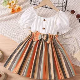 YK Girls Striped Puff Sleeves Round Neck Cotton Fit And Flare Dress-picture-27