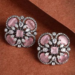 Karatcart Floral Design Pink Cubic Zirconia Studded Black Silver-Plated Stud Earrings for Women-picture-49