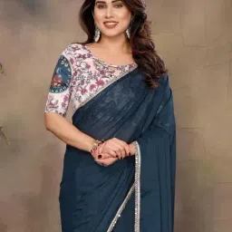 Odette Teal Georgette Solid Saree With Unstitched Blouse image 4