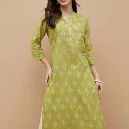 Melange By Lifestyle Lime Cotton Regular Fit Floral Print Kurta-picture-18