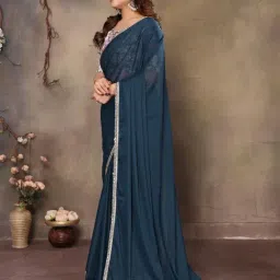 Odette Teal Georgette Solid Saree With Unstitched Blouse image 3