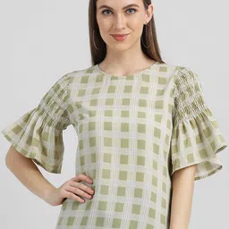 Zink London Women Green & Grey Checked Regular Top-image-21