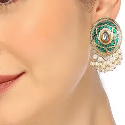 Anouk Gold-Plated Stones Studded and Beaded Meenakari Oval Shaped Drop Earrings image 3
