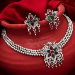 aadita Oxidised Silver-Plated Green & Pink Stone-Studded Jewellery Set-picture-20