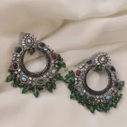 Peach Tassels Ad Earring With Green Beads, Multi Colour Stone Earrings image 1