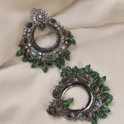 Peach Tassels Ad Earring With Green Beads, Multi Colour Stone Earrings image 3