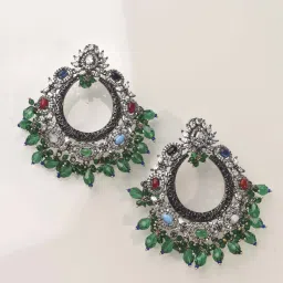 Peach Tassels Ad Earring With Green Beads, Multi Colour Stone Earrings image 4