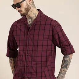 HERE&NOW Pure Cotton Windowpane Checks Opaque Relaxed Fit Casual Shirt-picture-26