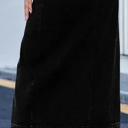 tripursundari fashion Z Black Side Button Plain Straight Maxi Denim Skirt image 4