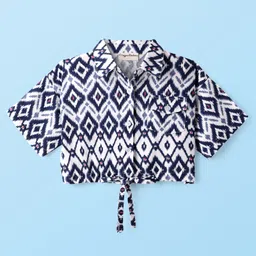 CrayonFlakes Rayon Half Sleeves Ikat Printed Shirt Style Crop Top - Off White-picture-15