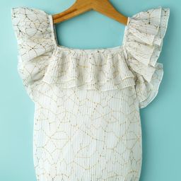 arias by lara dutta Arias Woven Pleated Fabric Ruffles Sleeves Top with Foil Print - White-picture-17