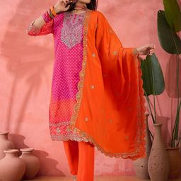 Maroosh Bandhani Embroidered Round Neck Sequinned Chinon Kurta With Pyjamas & Dupatta-picture-36