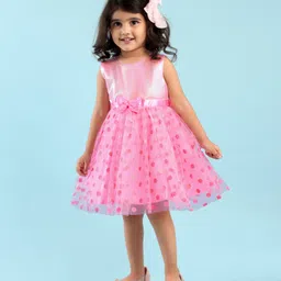 Babyhug Sleeveless Fit & Flare Party Frock with Bow Applique - Pink image 2