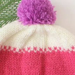 Woonie Hand Knit Colour Blocked Pom Pom Applique Detailed Cap - Pink - Circumference - 37.5 Cms image 3